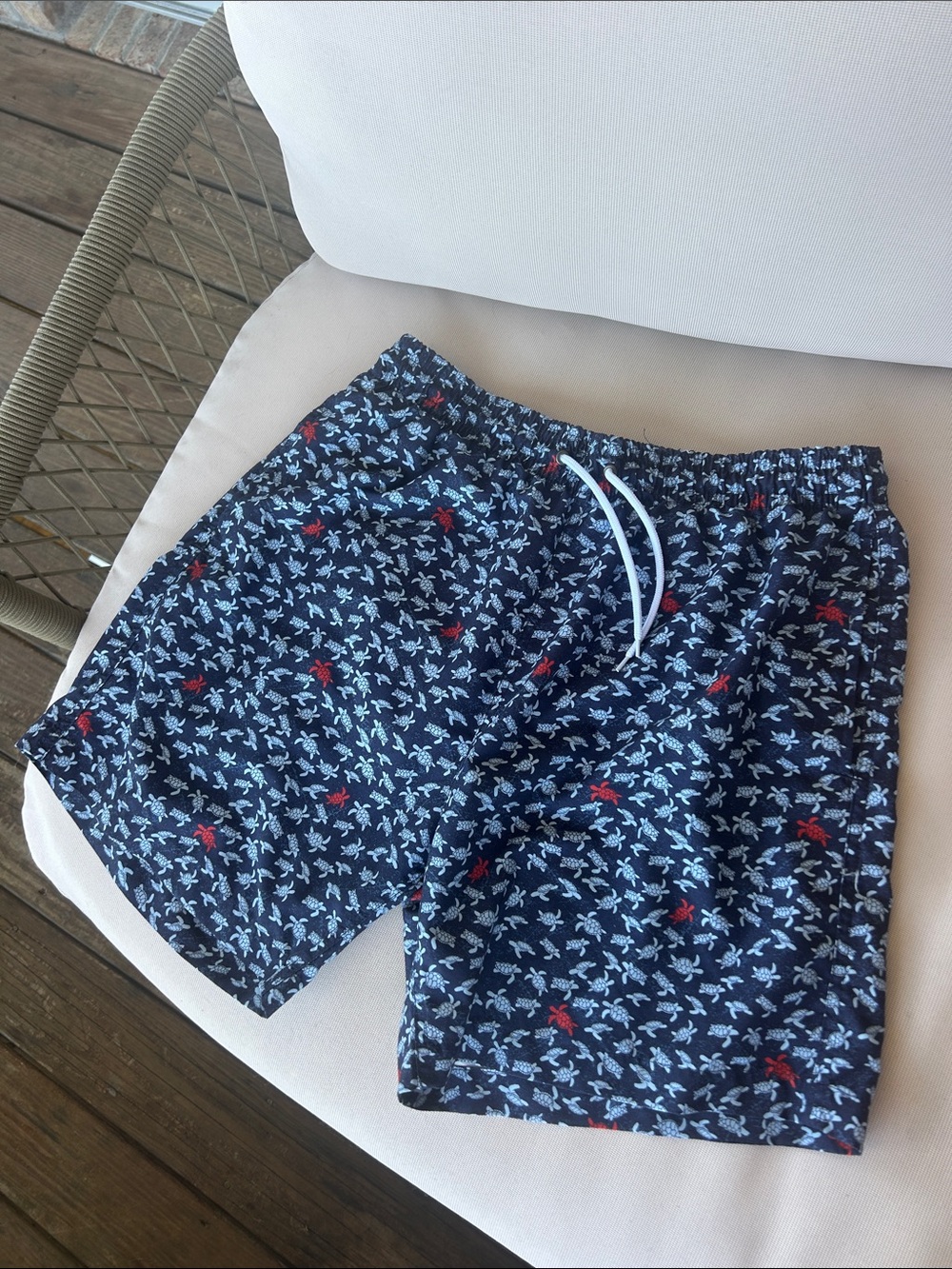 Men's Navy Floral Print Swim Trunks with White Drawstring